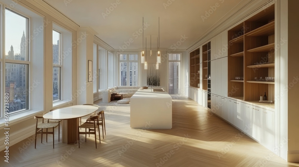 Fototapeta premium Open plan modern kitchen and dining space with city views.