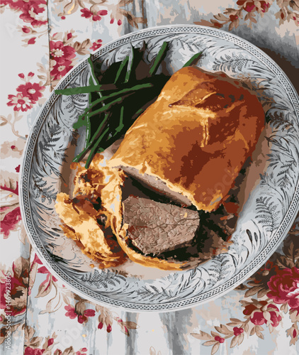 Beef Wellington vector illustration. Realistic gourmet dish with golden puff pastry and beef tenderloin. Perfect for restaurant menus, recipe books, and culinary design projects.