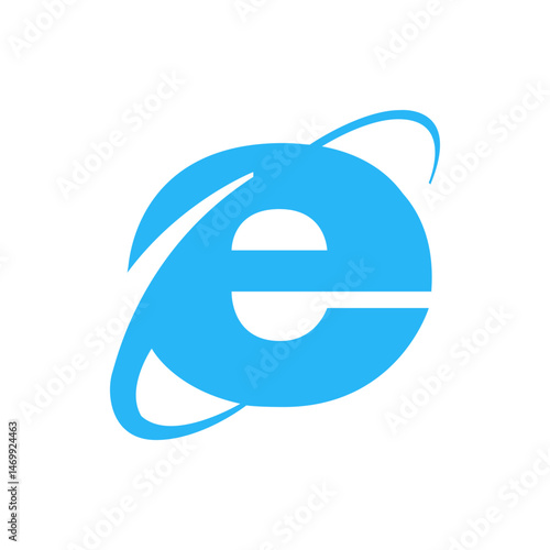 Illustration of a stylized light blue letter e with orbital lines on a white background in vector format