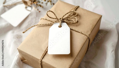 Rustic Brown Gift Box with Blank White Tag on White Fabric