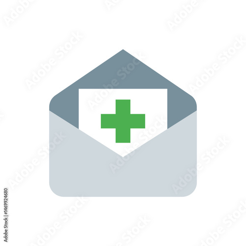 A light gray envelope with a white card inside featuring a green plus sign centered on the card design