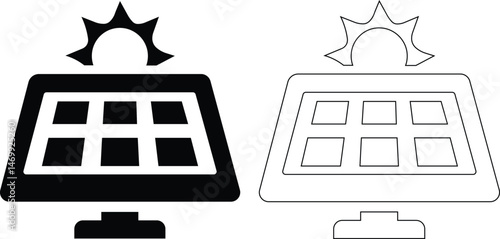 Solar panel sign with sun, energy vector Solar system plates icon set. Solar Panel Icon Isolated on White Background Isometric Absorbing Sunlight for Renewable Energy Generation Illustration