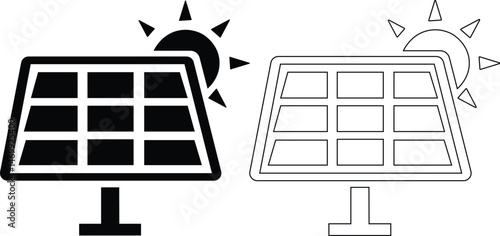 Solar panel sign with sun, energy vector Solar system plates icon set. Solar Panel Icon Isolated on White Background Isometric Absorbing Sunlight for Renewable Energy Generation Illustration