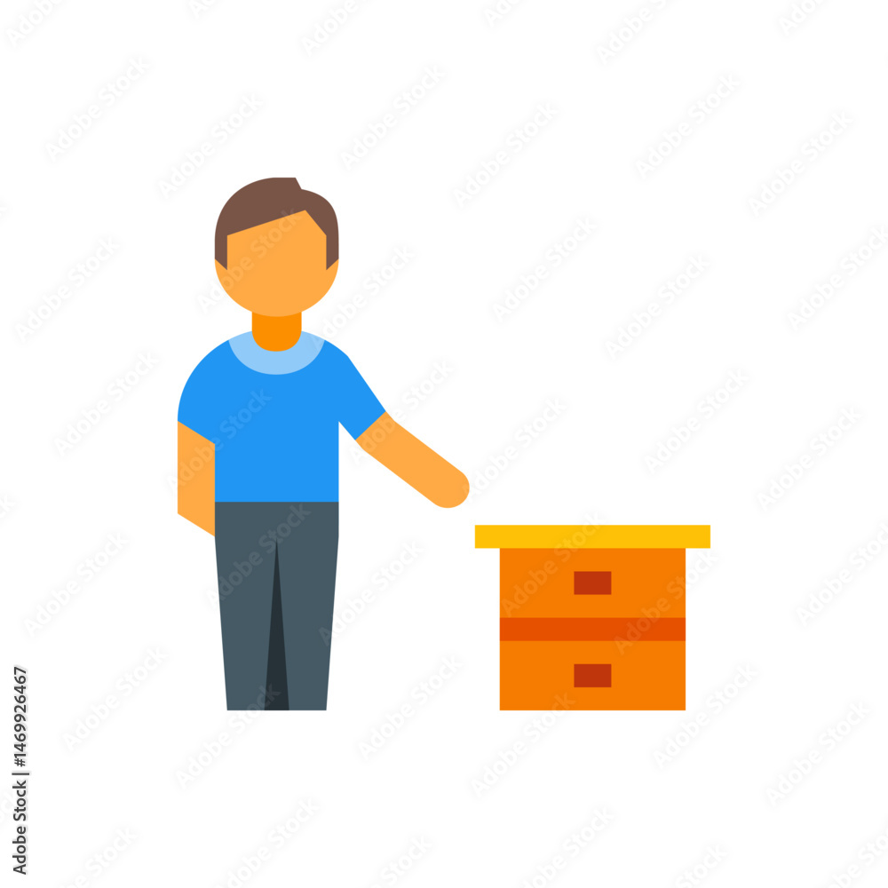 Illustration of a man in a blue shirt standing next to an orange cabinet with two drawers design style Illustration of a man in a blue shirt standing next to an orange cabinet with two drawers design style
