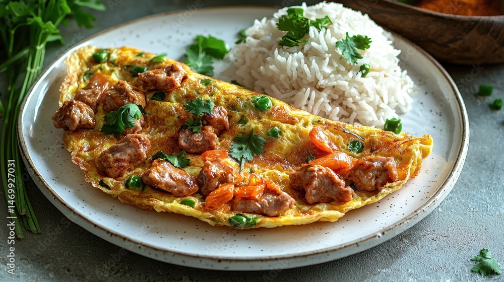 A delicious chicken omelette with fresh herbs and rice is presented on a ceramic plate, creating an inviting and flavorful meal perfect for a healthy lunch. A delicious chicken omelette with fresh herbs and rice is presented on a ceramic plate, creating an inviting and flavorful meal perfect for a healthy lunch.