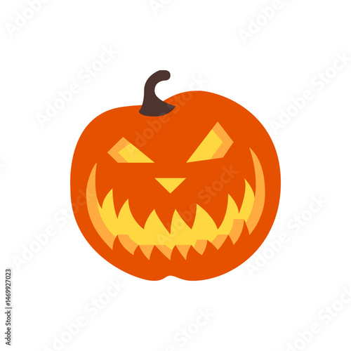 An illustration of an orange halloween pumpkin with a scary face and a brown stem on a white background