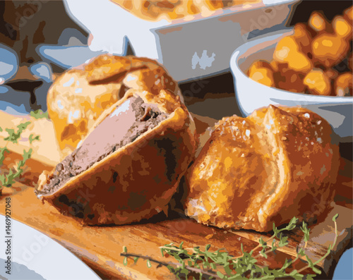 Beef Wellington vector illustration. Realistic gourmet dish with golden puff pastry and beef tenderloin. Perfect for restaurant menus, recipe books, and culinary design projects.