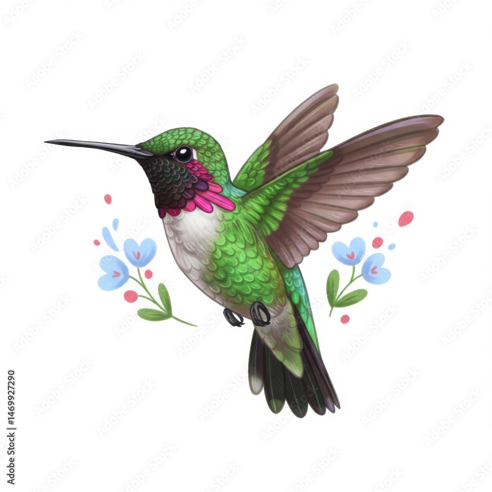 Fototapeta premium Vibrant Green Hummingbird with Pink Accents Flying Amidst Blue Flowers