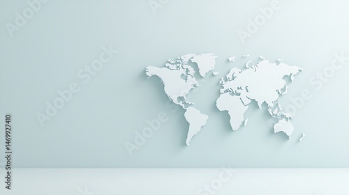 3D World Map with Raised Continents on a Light Blue Wall