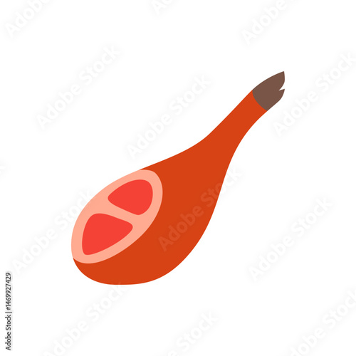 Illustration of a cured ham leg with a cut end revealing meat and bone on a white background scene