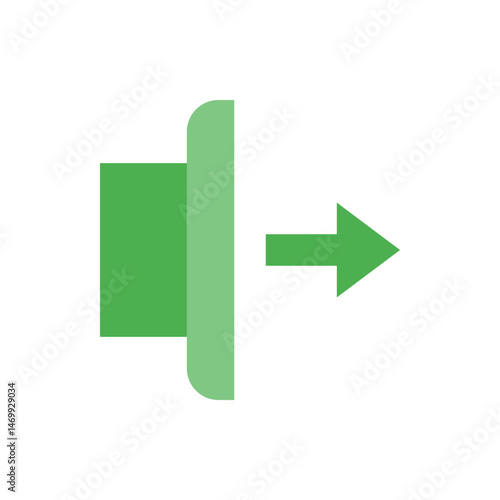 Green exit icon with a square and rounded rectangle leading to a right arrow on a white background space