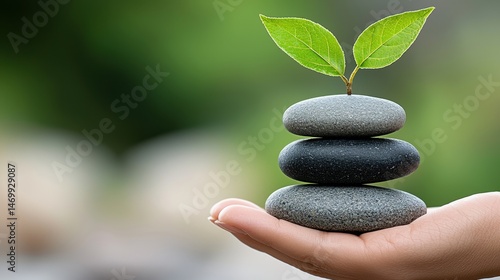 Close up view of a hand gently holding three smooth, dark gray stones stacked on top of each other, with a small green sprout emerging from the top