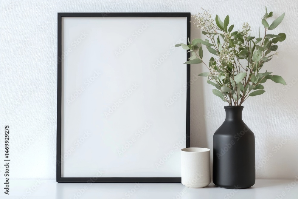 Minimalist framed artwork display with greenery and vase Minimalist framed artwork display with greenery and vase