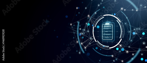 Fototapeta Naklejka Na Ścianę i Meble -  Digital interface with checklist icon on glowing tech network background for modern UI design and technology system template concept. 3D Rendering