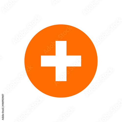 An orange circle containing a white plus sign centered within it on a white background in a simple design