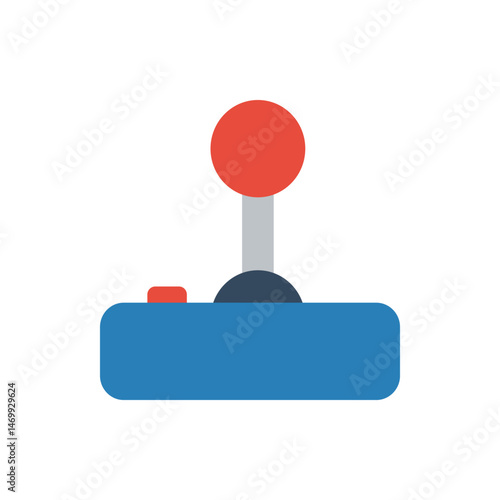 Illustration of a blue video game controller with a red joystick and a small red button design icon