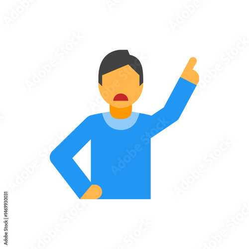 Illustration of a person with an open mouth pointing up with their right hand on a white background