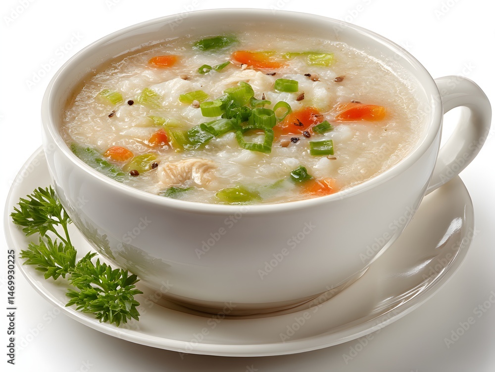 A delicious and healthy bowl of chicken and vegetable rice porridge is served in a white mug on a saucer. A delicious and healthy bowl of chicken and vegetable rice porridge is served in a white mug on a saucer.