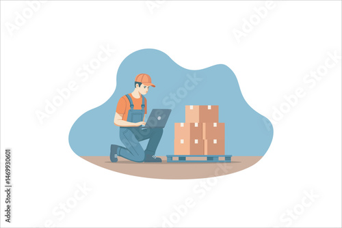 A flat vector illustration of a warehouse worker in an orange uniform and cap, kneeling while using a laptop to manage inventory next to stacked cardboard boxes on a pallet.