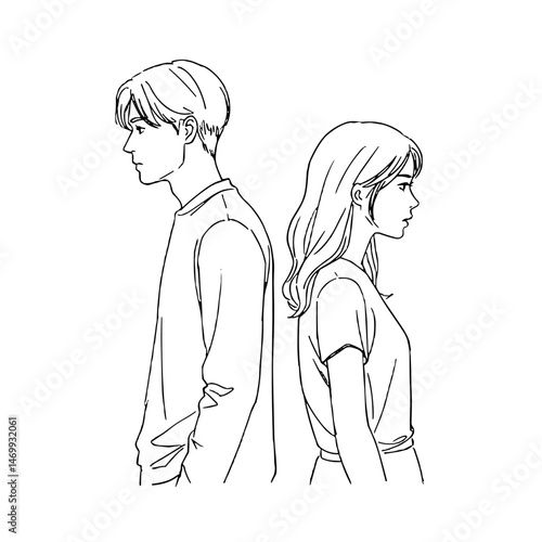 Couple standing back to back in silence in a minimalist line art illustration with no background