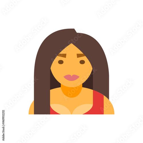 Illustration of a woman with long brown hair wearing a red top with a low neckline and fair skin tone