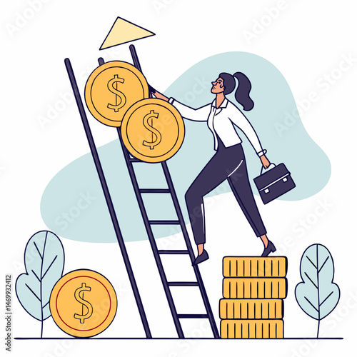 Isometric illustration of a woman placing a dollar coin into wealth stacks