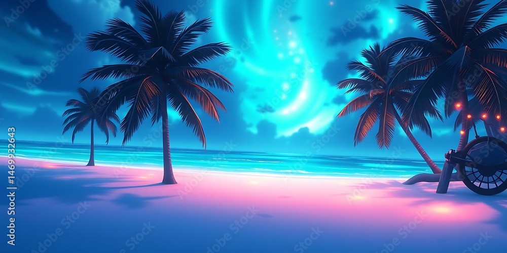 Obraz premium Beautiful sunrise over the sea.Tropical beach with palm trees and sea - summer resort at sunset. Closeup sea sand beach. Panoramic beach landscape. Inspire tropical beach seascape horizon. Orange and 