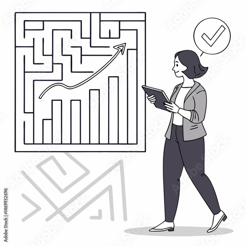 Businesswoman successfully navigating maze showing positive growth with a check mark icon