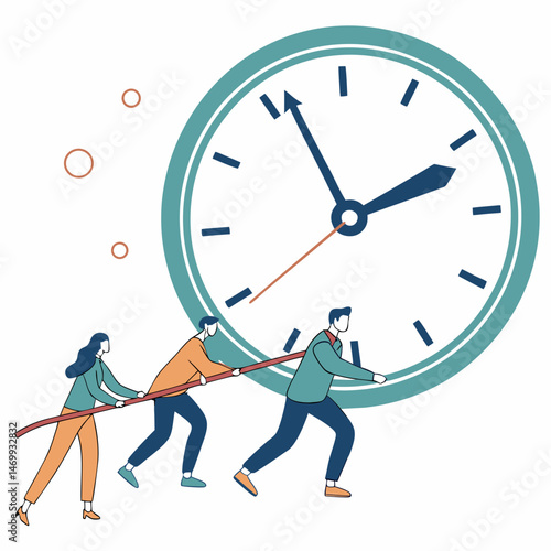 Teamwork struggling to manage and control the time indicated on a clock illustration.