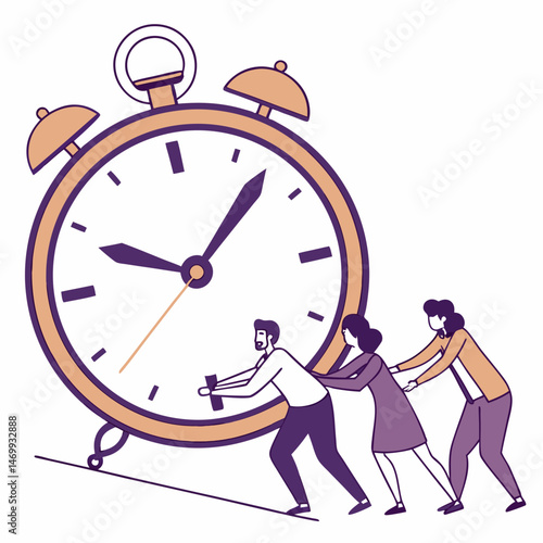 Team effort struggling to move giant clock representing time management concept