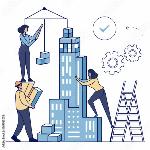 Business team assembling skyscraper construction project with progress check icon
