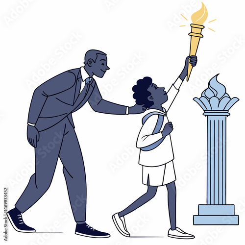 Two people passing a torch symbolizing collaboration and success