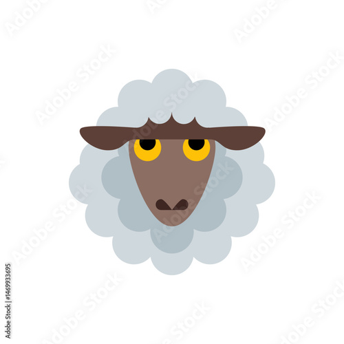 Illustration of a sheep's face with fluffy white wool, brown ears, and yellow eyes looking forward softly