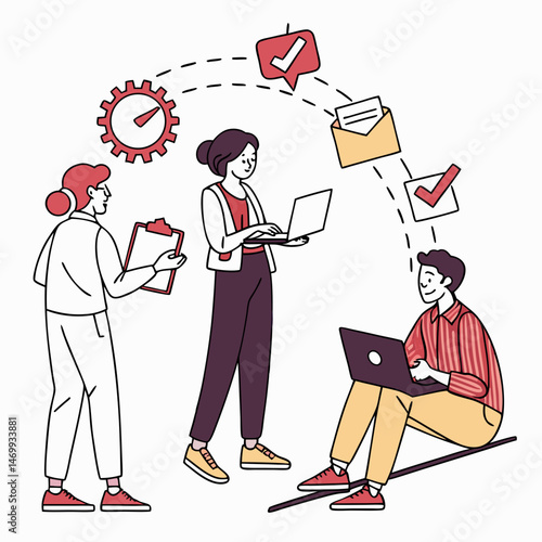 Team collaboration and productivity illustration with business professionals using technology