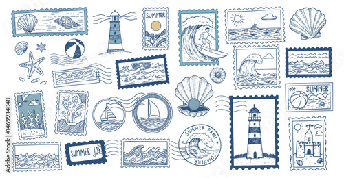 Hand Drawn Coastal Summer Postage Stamp Doodle Vector Collection – Beach, Ocean, Holiday, Travel, Tropical, Seaside, Nautical, Sea Life, Vacation Illustration Set