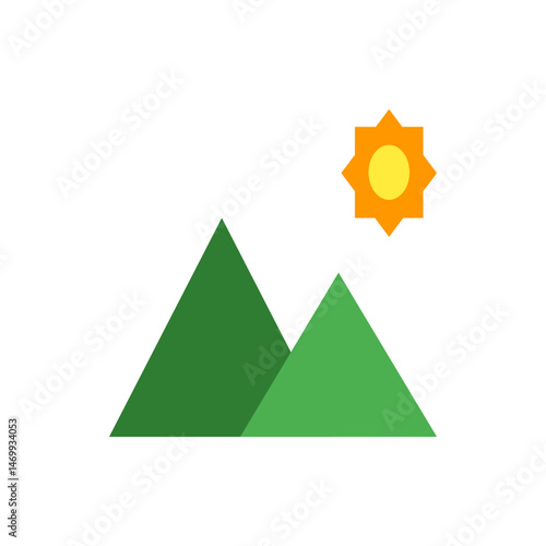 Illustration of two green triangular mountains with an orange sun in the upper right corner of the image