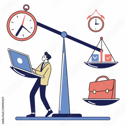 Businessman balancing time and workload on a seesaw for productivity and success