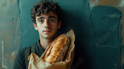 A person in a white shirt and beige apron holds a freshly baked loaf of bread, showcasing the cut side that reveals its soft, airy interior and golden crust.