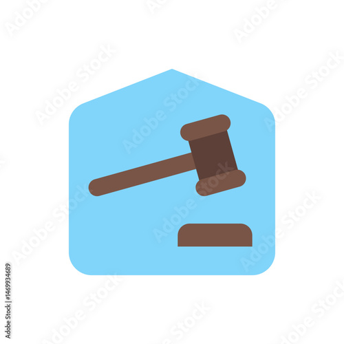 Illustration of a brown gavel with a handle resting on a block against a light blue background design