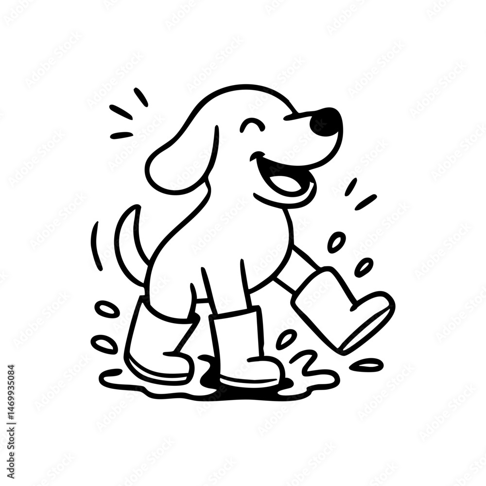 Obraz premium A happy dog in tiny rain boots hopping through puddles, tail up, with playful splashes around.