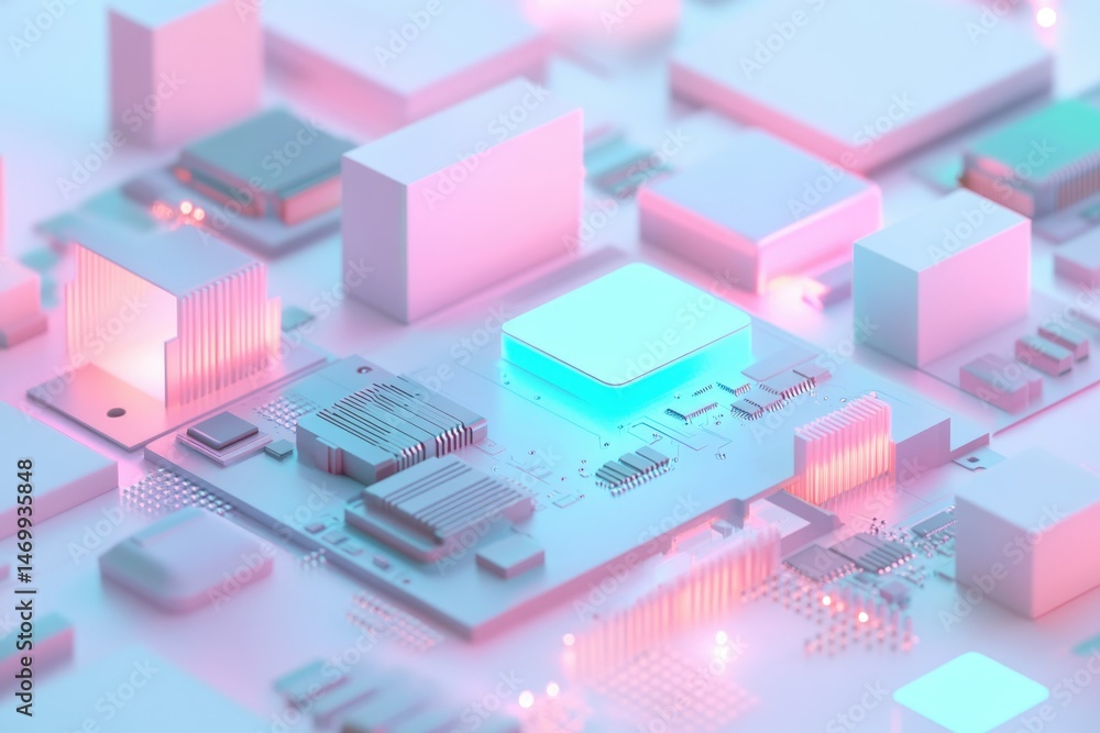 Abstract 3D rendering of a circuit board with glowing components, showcasing technological advancement. Abstract 3D rendering of a circuit board with glowing components, showcasing technological advancement.
