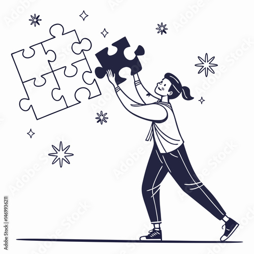 Woman putting puzzle piece teamwork business solution collaboration strategy success