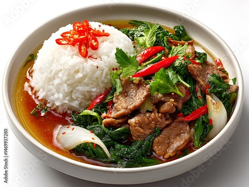 Delicious beef stir fry with spinach served with steamed rice and red chili garnish in a white bowl.