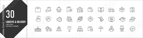 Logistics and delivery service icons in warehouse work, editable stroke vector