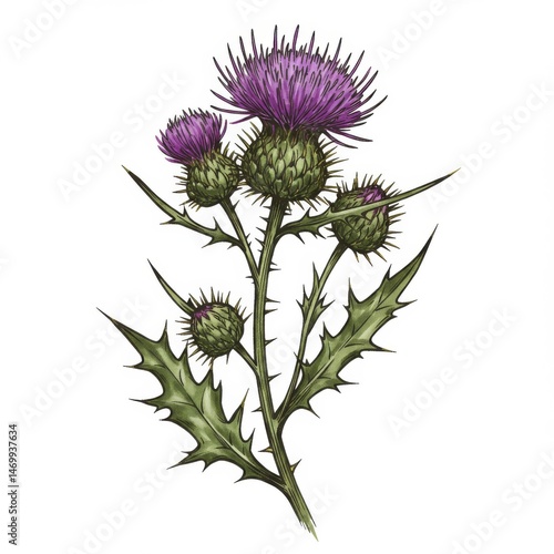 Detailed Purple Thistle Illustration with Green Spines