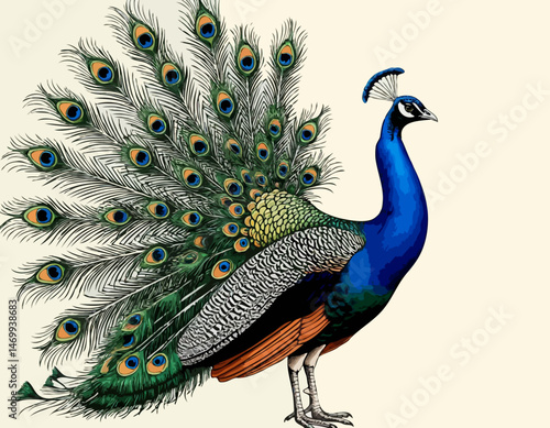 Colorful peacock displaying vibrant feathers against a soft background  