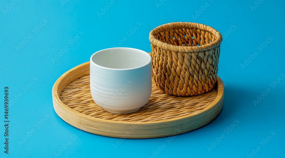 Minimalist arrangement of a white ceramic cup and woven basket on a blue background Minimalist arrangement of a white ceramic cup and woven basket on a blue background