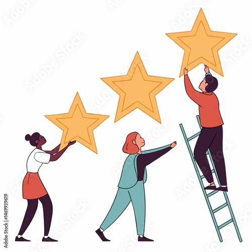 Colleagues collaborating to arrange stars in a straight line with transparency vector design