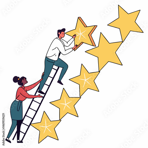 Colleagues arranging star silhouettes representing teamwork and collaboration for success