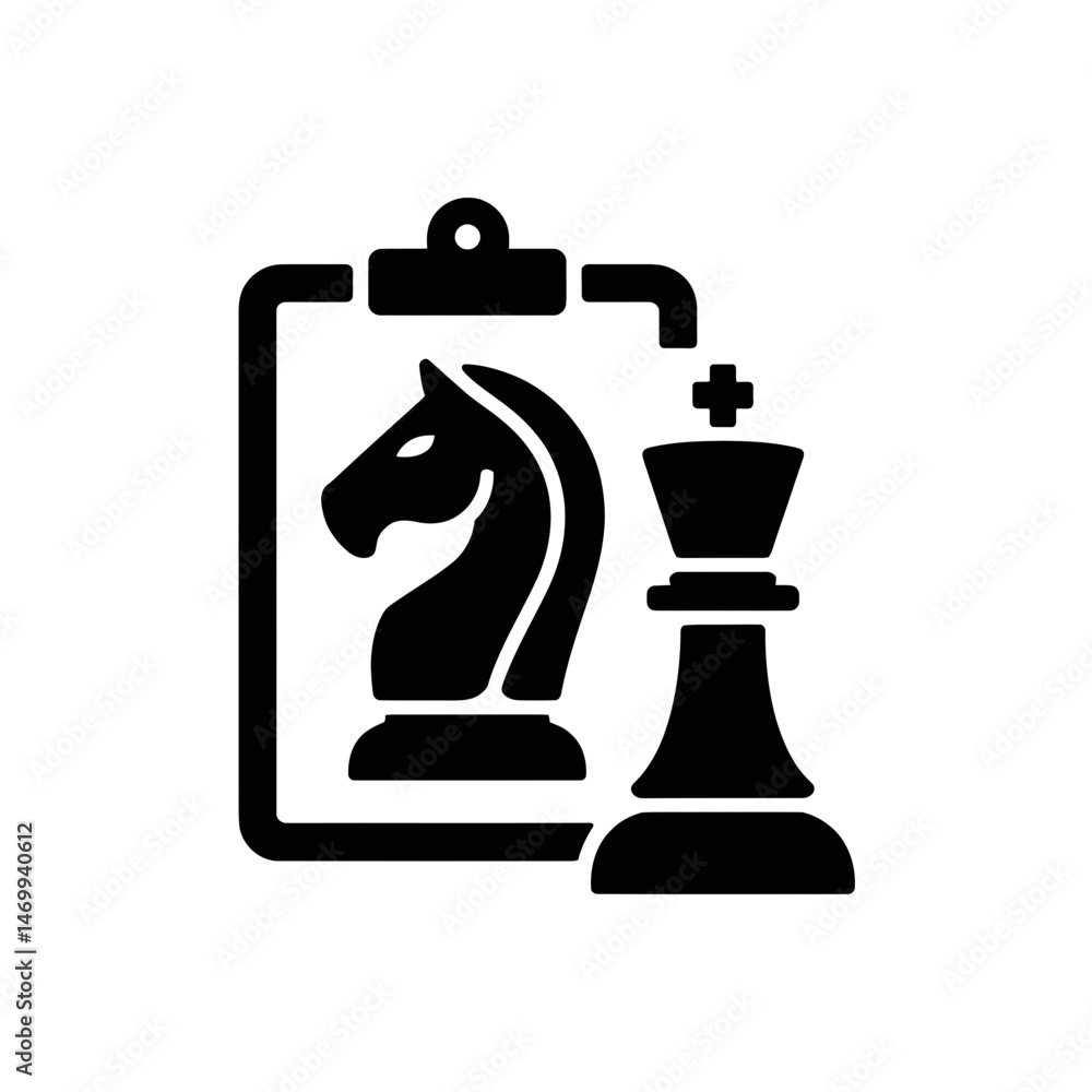 A black silhouette features a chess knight on a clipboard next to a chess king piece A black silhouette features a chess knight on a clipboard next to a chess king piece